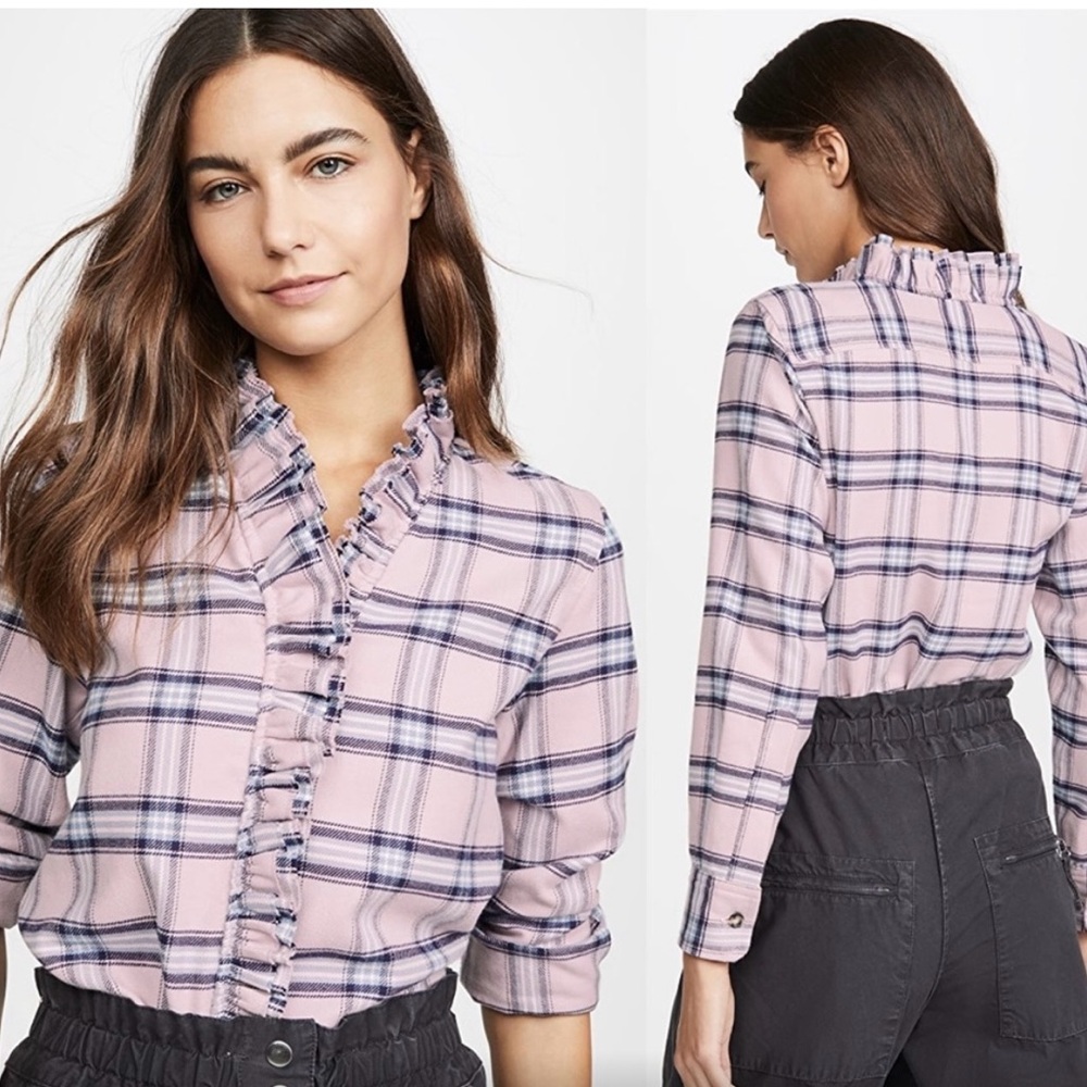 Isabel Marant Etoile Awendy Plaid Ruffle Button Down Flannel Long Sleeve
